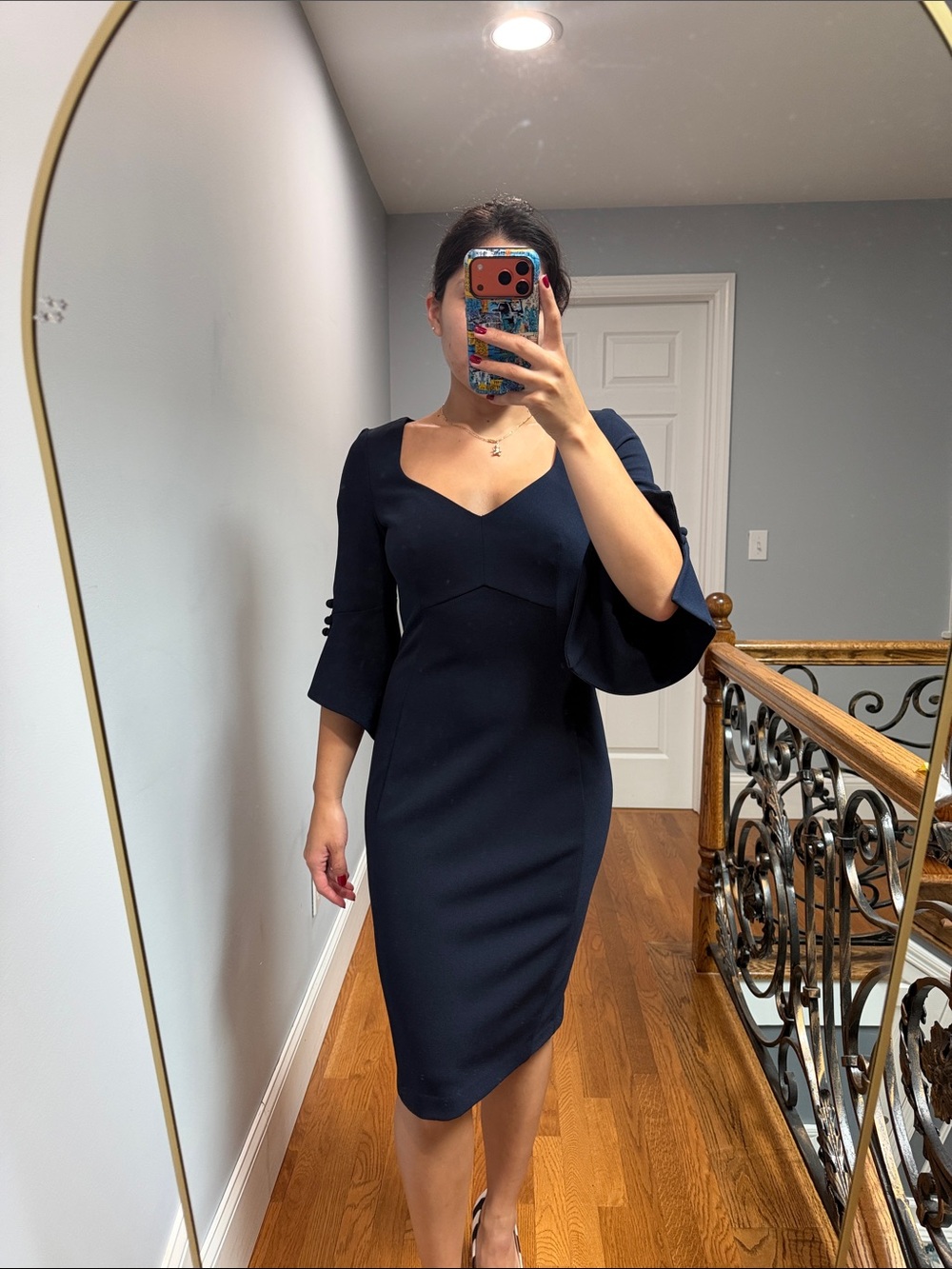 Calvin Klein Navy Midi Sheath Dress with Flared Sleeves